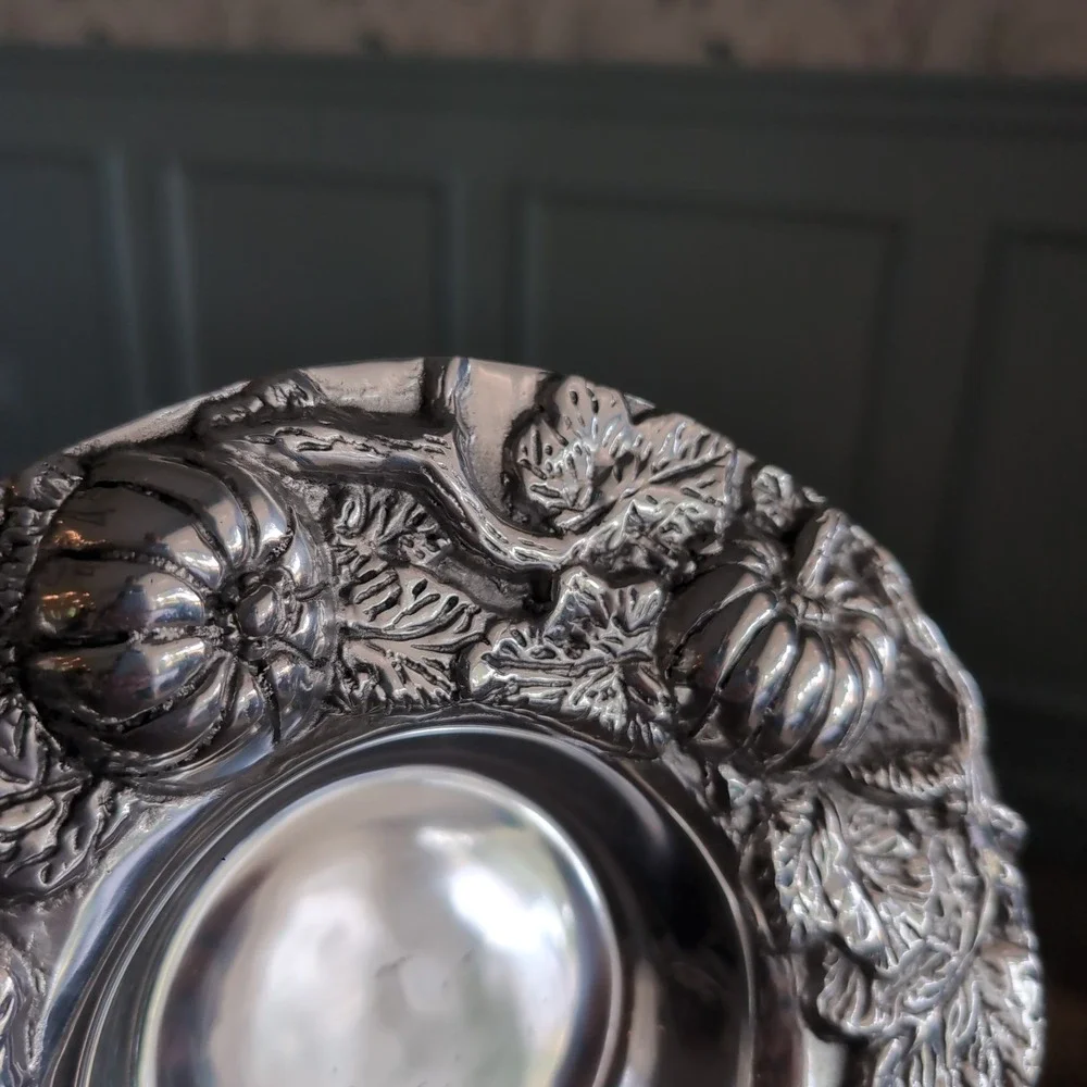 Holland Boone Polished Pewter Pumpkin Harvest Bowl Repousse Fall Relief 3D